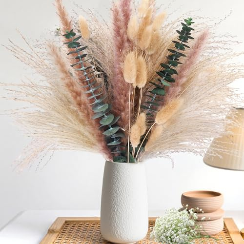 60PCS Natural Dried Pampas Grass & Eucalyptus Decor, 17 Bunny Tails Bouquet for Boho Table Centerpieces, 100% Natural Olive Green Wall & Floor Arrangements, Fall Home Styling