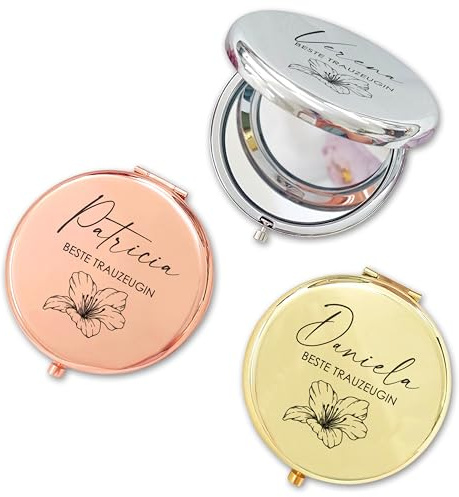 Feenstaub Taschenspiegel mit Gravur, personalisierter Klappspiegel, Schminkspiegel Edelstahl, Trauzeugin Geschenk, Brautjungfer Geschenk, aufklappbarer Spiegel mit Namen, Dankeschön Trauzeugin, Blüte