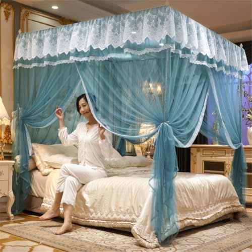 guoiooi Doppellagige Baldachin-Bettvorhänge, luxuriöser Spitzen-Prinzessinnen-Stil, rosafarbener Baldachin-Bettbezug mit 4 Ecken, for Mädchen, Teenager oder Erwachsene(Blue,Queen/71x79in)