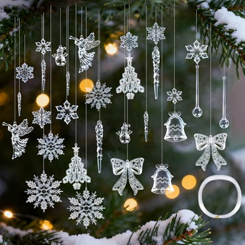 30 Stück Transparent Weihnachtsbaumschmuck, DIY Acryl Christbaumschmuck Schneeflocken Eiszapfen Deko Weihnachtsbaum Kristall Dekorationen für Weihnachten Party Hochzeit Dekoration