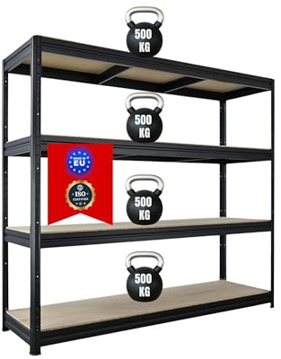 PROREGAL Schwerlastregal Dino 180x200x60cm 4 Spanplatten-Ebenen 16mm Fachlast 500kg Schwarz, Garagenregal, Lagerregal, Steckregal, Kellerregal