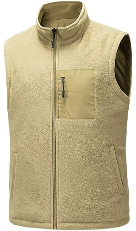 Fleece-väst för män – golfklar & daglig mysig ärmlös jacka med full dragkedja, varm fleecefodrad väst med fickor, lätt pufferväst, herr varma bekväma ytterkläder, Khaki, XXL