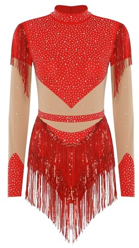 TiaoBug Damen Eiskunstlauf Kleid Langarm Rollkragen Eislaufen Rollschuh Kleid mit Glitzer Fransen Rock Ballettkleid Tanzkleid Mesh Spleiß Gymnastikanzug