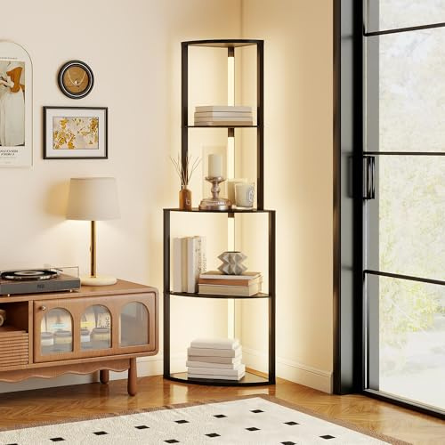 HOMCOM Lampadaire sur pied salon, lampadaire avec étagères d'angle à 4 niveaux, lampe moderne LED, luminosité réglable, interrupteur à pied, pour salon, chambre, bureau, noir