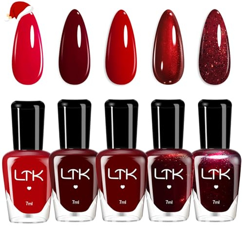 Red Nail Polish Set - 5 Colors Dark Red Glitter Nail Varnish Sets - Winter Red Series Long Lasting Nail Polish - Christmas Burgundy Quick Dry Nail Varnish Manicure DIY Home Salon for Women,7ml