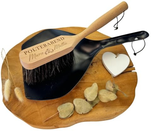 Generisch Geschenk zum Polterabend  | JGA | Personalisiertes Kehrblech & Handfeger Set – Buchenholz mit Pferdeborsten, Schwarz – mit Gravur • Hochzeit • Geschenk mit Namen & Datum - Weeding