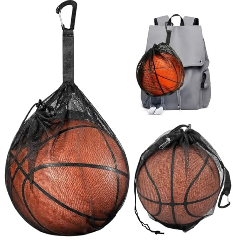 VBSJAH Zaino Rete Porta Palloni, 1 Sacca con Tasca a Zip, Zaino per Palla Portatile, con Moschettone e Cordino Regolabile per Pallacanestro, Calcio, Pallavolo e Rugby