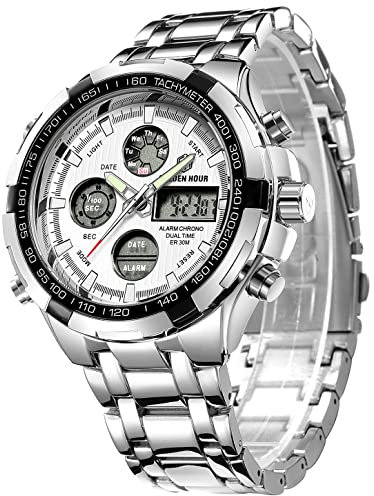 GOLDEN HOUR lusso in acciaio inox analogico digitale orologi per uomo sport all'aperto impermeabile grande orologio da polso pesante (Silver White)