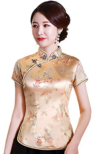 Shanghai Story Chinese Cheongsam Shirt Short Sleeve China Blouse for Women 4 G Gold