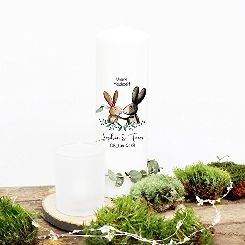 Hochzeitskerze Kerze zur Hochzeit Trauung Traukerze mit Hasen Häschen Spruch Wunschnamen & Datum wk54 ilka parey wandtattoo-welt®