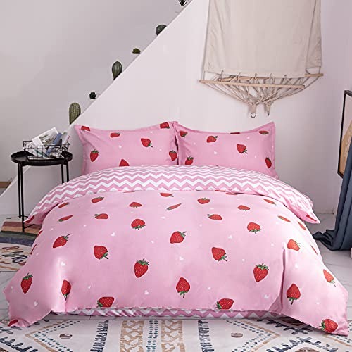 Morbuy Set Copripiumino Matrimoniale 240 x 220cm e 2 Federe, Sacco Copripiumino Reversibile Bambina in Microfibra con Motivo di Fragola, Copri Piumone Traspirante per Letto Matrimoniale, Rosa