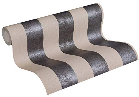 Livingwalls Papier Peint Intissé Trendwall à Rayure Effet Pailleté - 10,05 m x 0,53 m - Beige Métallisé Noir 372714 37271-4