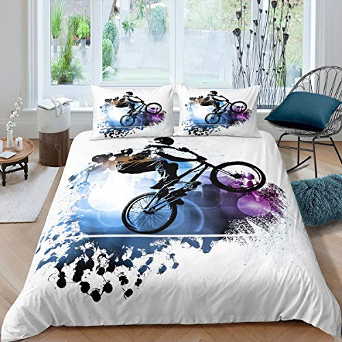 Mountainbike påslakan vattenfärg motocross race bäddset för barn pojkar flickor 3D dirt bike dekor sängkläder och linne blå knytfärgat sängöverkast med 2 örngott 3 st sängkläder dubbel