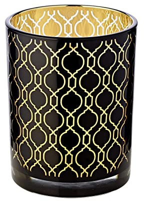 EDZARD Teelichtglas Raute (Höhe 13 cm, Ø 10 cm), schwarz, innen Gold | Rautenmuster leuchtet golden im Kerzenschein · grafisches Lichtspiel · für handelsübliche Teelichter