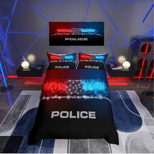 Homemissing Polizei Thermal Bettwäsche Set 135x200cm Polizeiauto Blau Rotlicht Zimmerverdunkelung Bettbezug Set für Kinder Jungen Mädchen Polizei Gangster Betten Set Schlafzimmer