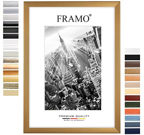 FRAMO Holz Bilderrahmen 84,1 x 118,9 cm DIN A0 nach Maß - Gold schlicht | Farbe/Größe wählbar | inkl. entspiegeltes Acrylglas | Rahmen für Puzzle | Foto | Poster