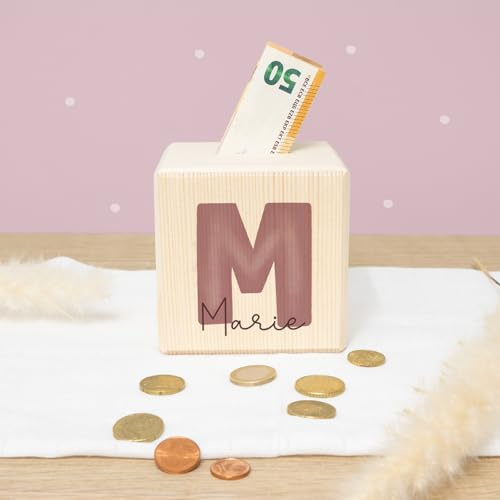 Personalisierte Spardose Buchstabe rosa für Kinder - Aus Holz - 10x10 cm Geburt, Geburtstag, Einschulung, Taufe - Sparschwein Aquarell Motiv für Jungen & Mädchen hellomini