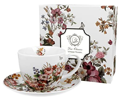 DUO FLORAL Jumbobecher 470 ml VINTAGE FLOWERS WHITE mit Untertasse, New Bone China Porzellan