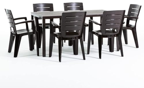 Conjunto jardín exterior mesa y sillas para 6 personas, mesa rectangular de acero con listones de polietileno efecto madera, 6 sillas apilables de resina - Thomas & Anita (Moka)