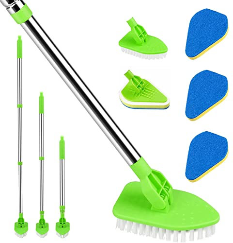 AKOFIC 3 in 1 Shower Cleaning Brush, Scrubbing Brush with Telescopic Long Handled, Detachable Tile Cleaner Brush with 3 Sponge Brushes and 1 Hard Brush for Shower Floor Bathtub Wall Glass
