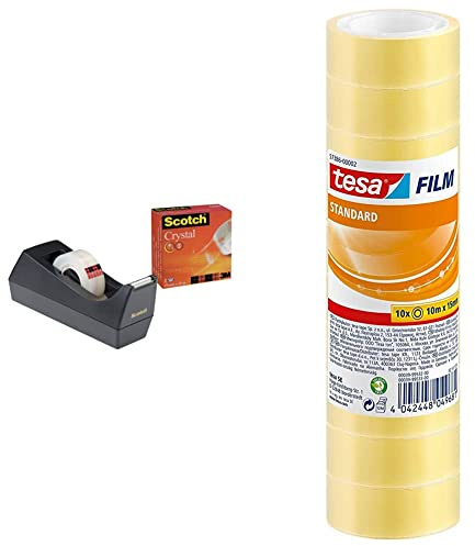 Scotch C38 Tischabroller schwarz + Scotch Crystal Klebeband, 1 Rolle, 19 mm x 10 m & tesafilm standard - Transparentes Multifunktions-Klebeband für Heim - 10 m x 15 mm - 10er Pack