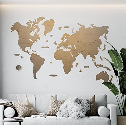 MISS MAPS Mapamundi de madera 3D grande para pared. Mapa para marcar viajes y decoración para viajeros. Multicapa de madera prensada nombres grabados (150x90cm, Natural)