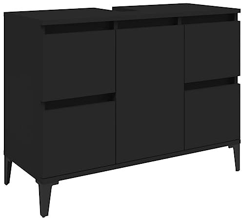 vidaXL Meuble d'Évier, Armoire de Lavabo avec Compartiment et 4 Tiroirs, Meuble sous Lavabo avec Pieds Salle de Bain, Industriel, Noir Bois d'Ingénierie