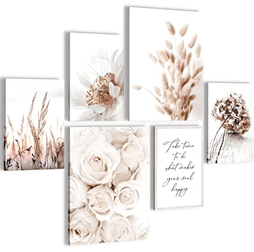 Novart Wandbilder Set Boho Blumen Beige - KEIN EXTRA RAHMEN BENÖTIGT - Modern Deko - Wohnzimmer Schlafzimmer N023263a