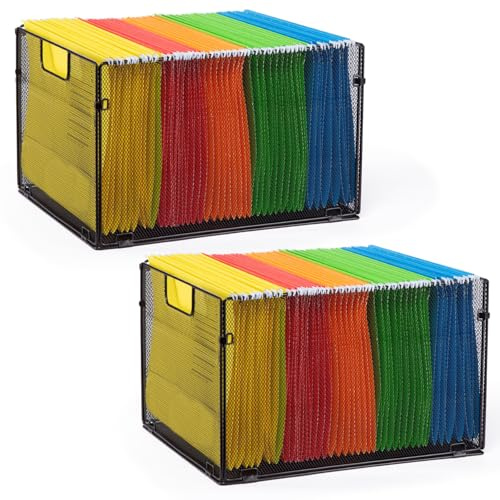 Housmile Mesh File Folder Organizer, Foldable Hanging File Organizer, Metal Storage Boxes, Letter Size File Box, 2 Pack