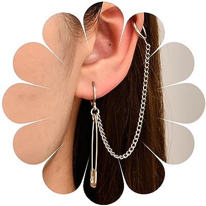 Inilbran Punk Sicherheitsnadel Ohrringe Silberne Sicherheitsnadel Lange Kette Ohrring Vintage Lange Kette Crawler Climber Ohrringe Gothic Sicherheitsnadel Baumeln Ohrringe Schmuck Für Frauen