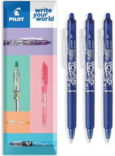 Pilot FriXion Clicker Tintenroller, fein, radierbar, einziehbare Spitze, 0,7 mm Spitze, 0,35 mm Strichbreite, Kissenpackung, blaue Tinte, 3 Stück