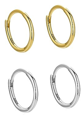 Hmzidz 2 Paare Kleine 925 Sterling Silber Creolen Ohrringe Damen Set,Silber/Gold Kreolen Mädchen,Dünne Hypoallergen Creolen Herren,Nasenring Piercing,Klappcreolen Silber 925,Mini Hoops Ohrringe