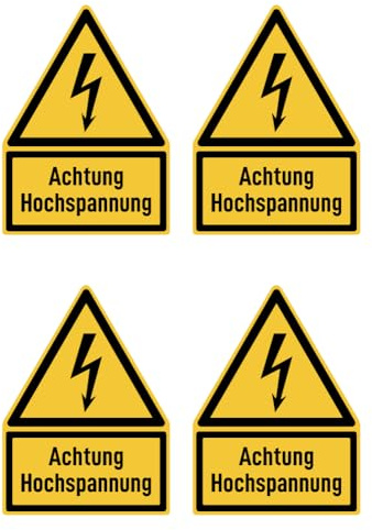 Aufkleber: 112.5x75 mm, 4 Stück - Achtung Hochspannung - Warnzeichen mit Text (deutsch) (gelb/schwarz) - Dreick - W012 - DIN EN ISO 7010 / ASR A1.3