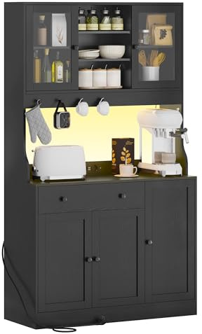 Credenza, Credenza Cucina con LED, Presa Elettrica, Ripiani Regolabili, Mobile Buffet con Cassetti, Armadio da cucina, Piano di Lavoro, Grande Spazio, Cucina, Sala da Pranzo, 103.5*40*180 cm, Nero