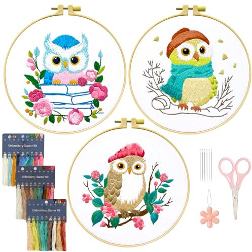 ASTNIC Stickset für Anfänger, 3 Sets Eulenstickerei Starter Kits mit Mustern und Anleitungen Kreuzstich-Kits, Erwachsene Stickerei Set mit 1 Stickrahmen, Farbfäden und Werkzeuge für DIY Kunst