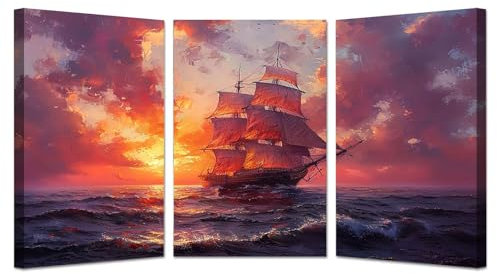 AMXBZC 3 Stück Abstrakt Bild auf Leinwand Schlafzimmer Bilder Wand, Segelboot Segeln im Meer Wandbild Kunstdruck Wanddeko Wohnzimmer Kunst Modern Büro - 50x70cmx3 Gerahmt