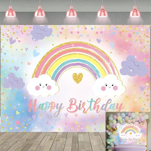 Arc en Ciel Joyeux Anniversaire Fond Peint Pastel Arc en Ciel Nuage Photographie Fond Fille Jour Fête Bébé Douche Décoration Bannière