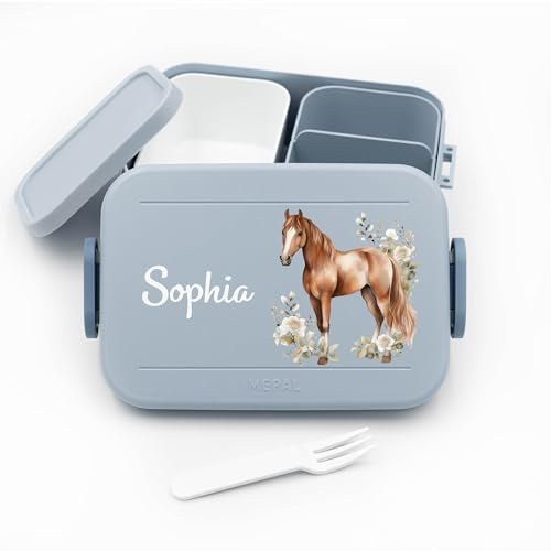 Brotdose Kinder für Mepal mit Namen - Nordic Blue - Pferde | 900 ml, Schule, Kindergarten, Einschulung, für Mädchen, spülmaschinenfest, mit Fächern, mit Bento-Einsatz, Lunchbox Kinder