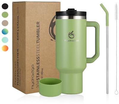 hydro2go Thermobecher 1200 ml mit Henkel, Strohhalm und BPA-freiem Deckel | Mit Griff und Strohhalm; hält Getränke bis zu 10 Stunden heiß und 12 Stunden kalt; Ausführung: Thermobecher 1200 ml mit Griff