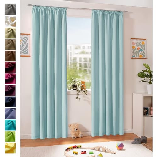 heimtexland ® Dekoschal Baumwolle Uni Blickdicht Vorhang Kräuselband Gardine Kinderzimmer Pastell Himmelblau HxB 245x135 Typ625