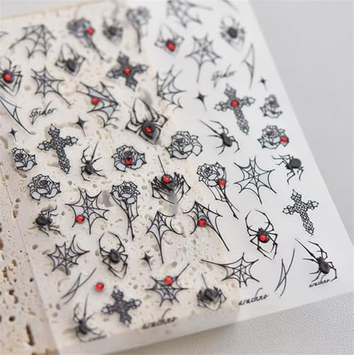 5D Embossed White Skeleton Nail Decals - Self-Adhesive DIY Art Supplies for Women & Girls - Halloween Scary Skulls, Spiders, Ghosts Nail Stickers (Black Spider Web)