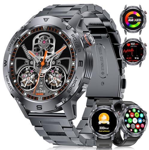 FOXBOX Montre Connectée Homme avec Appel Bluetooth 3 Bracelets,1,43AMOLED Etanche Smartwatch 100+Sportifs Modes Podometre Calories Fréquence Cardiaque Oxygène Sommeil Moniteur 460mAh Android iOS Noir