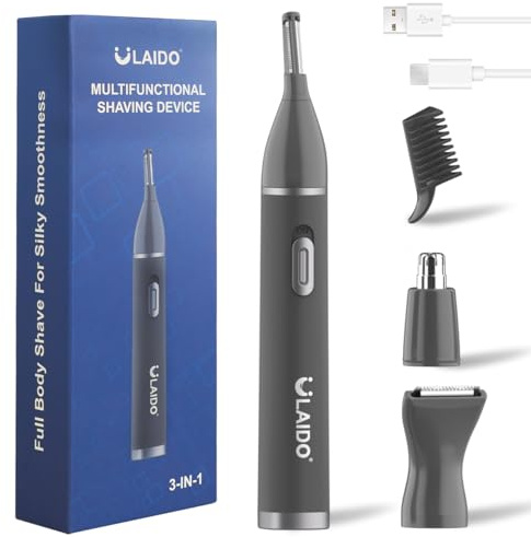 ULAIDO Nose Hair Trimmer for Men, Painless 3 in 1 Grooming Kit for Nose, Ear, Eyebrow & Body Hair, Rechargeable No Pull No Snag Trimming with 3 Waterproof Replacement Heads, Easy Cleansing