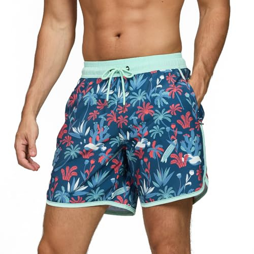 TMEOG Badbyxor för män strandshorts surfing snabbtorkande shorts dragsko badbyxor pool simning retro baddräkt med ficka och nätfoder simbyxor, Mörkblå korall, 3XL