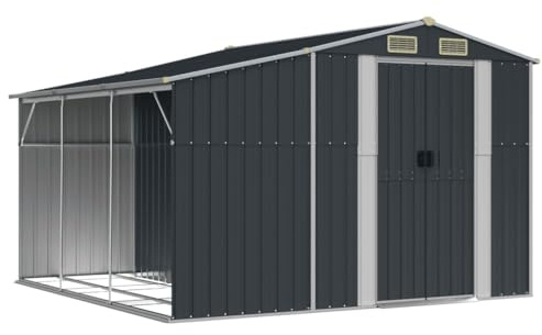 KOIECETA Gerätehaus Gartenhaus mit Schrägdach Griffe Gartenschuppen Schuppen mit Stauraum Geräteschuppen Metallschuppen Anthrazit 277x279x179 cm Verzinkter Stahl