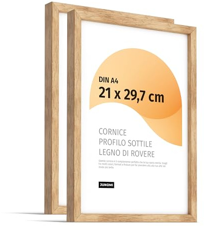 JUNOMI® 2 x Premium Bilderrahmen Eiche DIN A4 (21x29,7 cm) | Echtholz Bilderrahmen DIN A4 aus Eiche mit bruchsicherem Acryl-Glas | Eichenrahmen