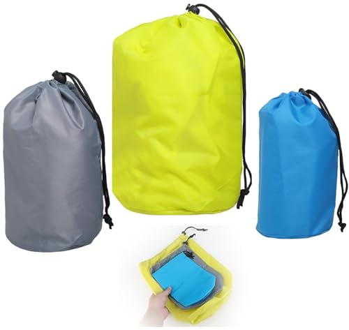 Wanfoou Stuff Sack, 3 Pack Waterproof Outdoor Storage Sack Portable Drawstring Dust Flap Bag for Camping Boating Hiking Travel Beach Sandbags, Sky Blue, Yellow,Gray, S/M/L