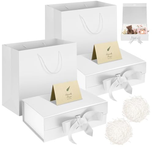 2 Pack Geschenkbox mit Geschenkbeutel Weiß 32,5x23x10,5cm Geschenkbox Groß Magnetische Schleife Raffia Grußkarte Geschenkverpackung für Hochzeit Geburtstag Muttertag