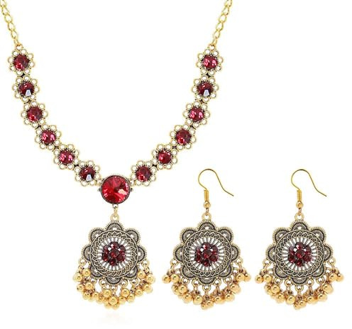 Set di gioielli bohemian floreale donna collana orecchini pendenti stile indiano etnico sfere con strass frange dorate per matrimonio festa cerimonia Bollywood chic gioiello tradizionale, Réglable