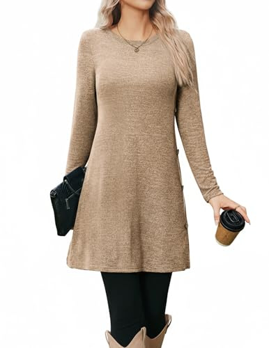 Zeagoo Womens Jumper Dresses for Women UK Ladies Dresses Long Sleeve Lightweight Dress Crew Neck Knitted Dress Autumn Winter Light Brown XXL